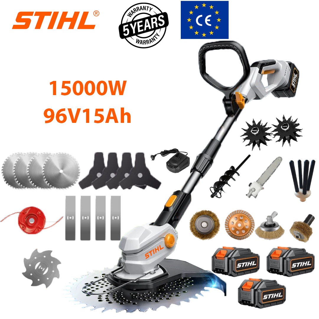 Versión mejorada: 15000 W de potencia (con batería de litio de 96 V 16 Ah * 3 + hoja de aleación * 4 + hoja triangular * 4 + hoja recta * 4 + cuerda de corte de aleación * 1 + hoja antienredos * 1 + cabezal de arado * 2 + cabezal de pulido de aleación * 1 + cabezal de cepillo de alambre grande * 1 + cabezal de cepillo de alambre pequeño * 1 + cabezal de pulido de tuberías * 1 + cabezal de sierra * 1 + cabezal de recolección de frutas * 1 + cabezal en espiral * 1 + cargador rápido * 1) 